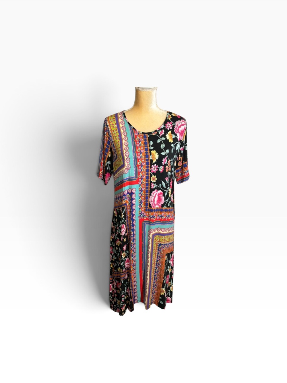 Johnny Was Black background Midi Dress with colorful Floral Patchwork size L